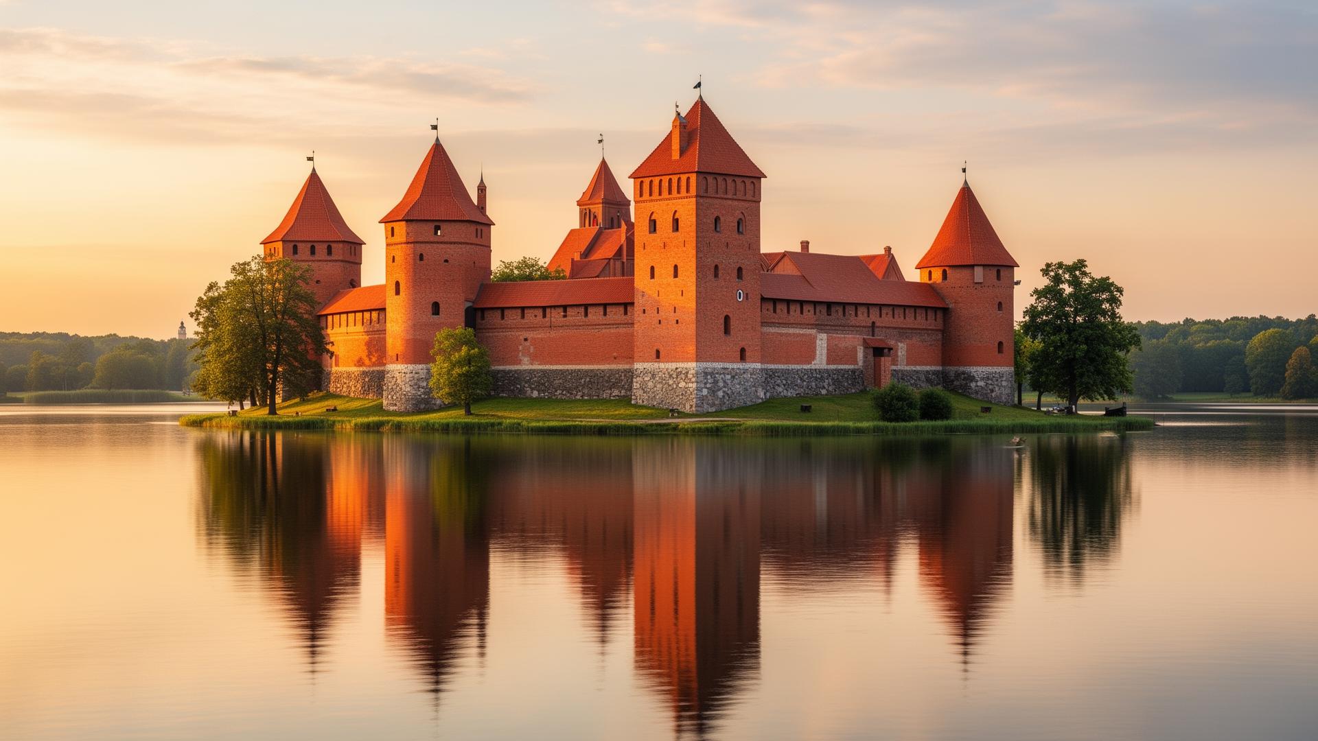 Trakai Island Castle at sunset, 3 km from Akmenos Villas & Bungalow